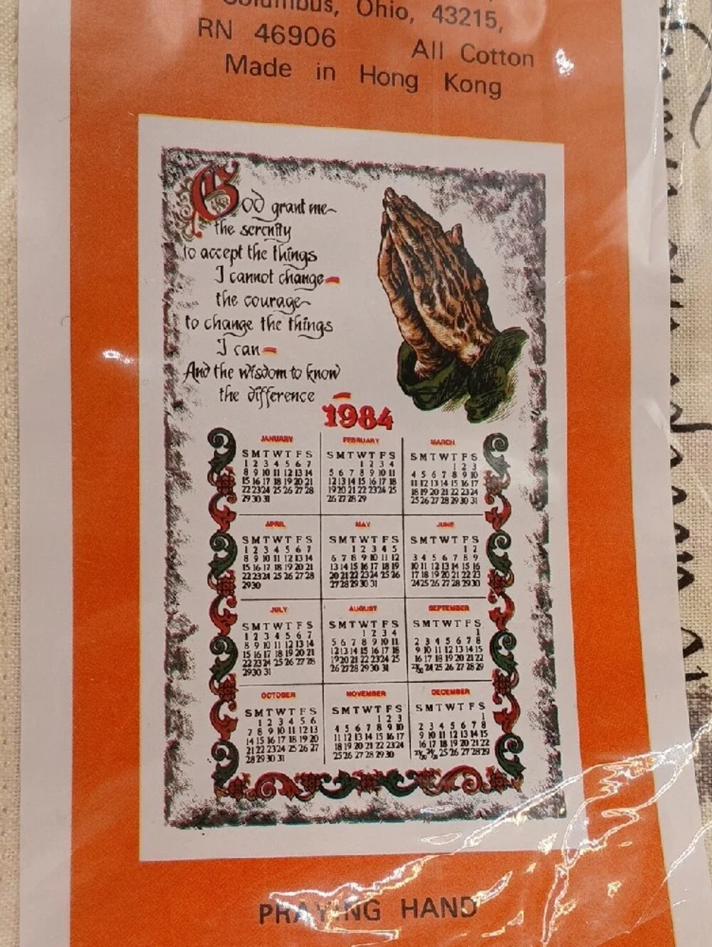 VTG Calendar 1984 Praying Hands Serenity Prayer Wall Hanging Tea Dish Towel